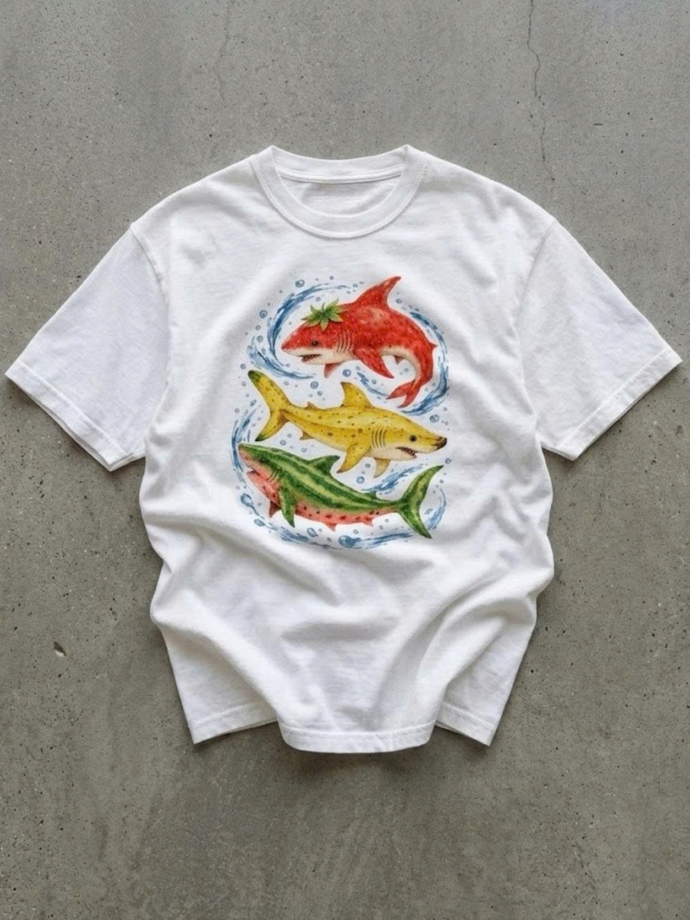Stylish White T-Shirt with Colorful Fish Illustration - Red, Yellow, Green